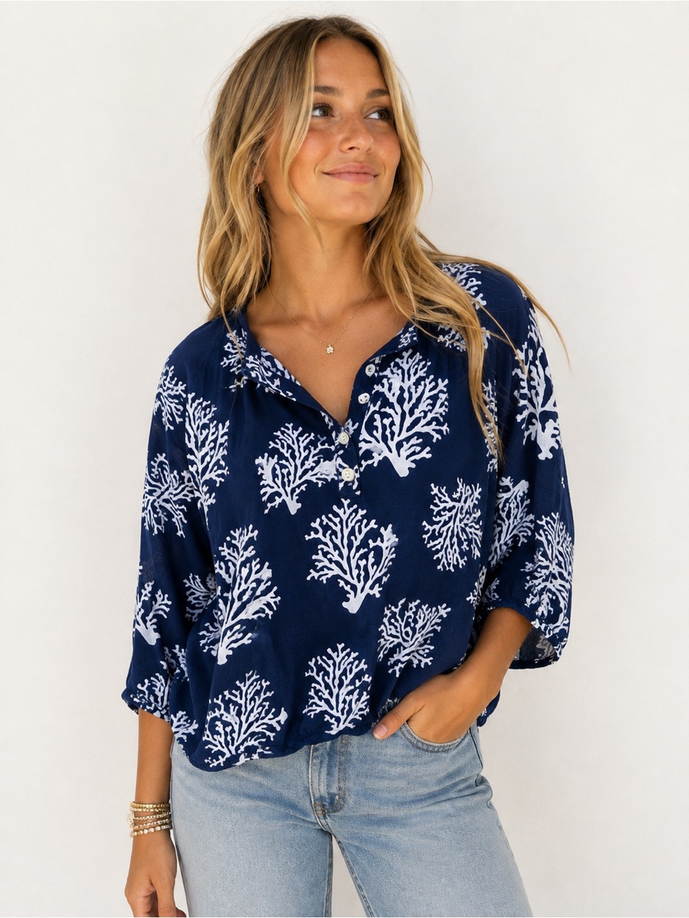 Escapada Navy Coral Print Rayon Blouse Women’s Large Coastal Beach Preppy